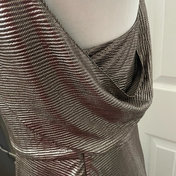 Halston Women’s Hi low Drape Metallic Gunmetal Racer back Midi dress size 8 - Picture 11 of 16